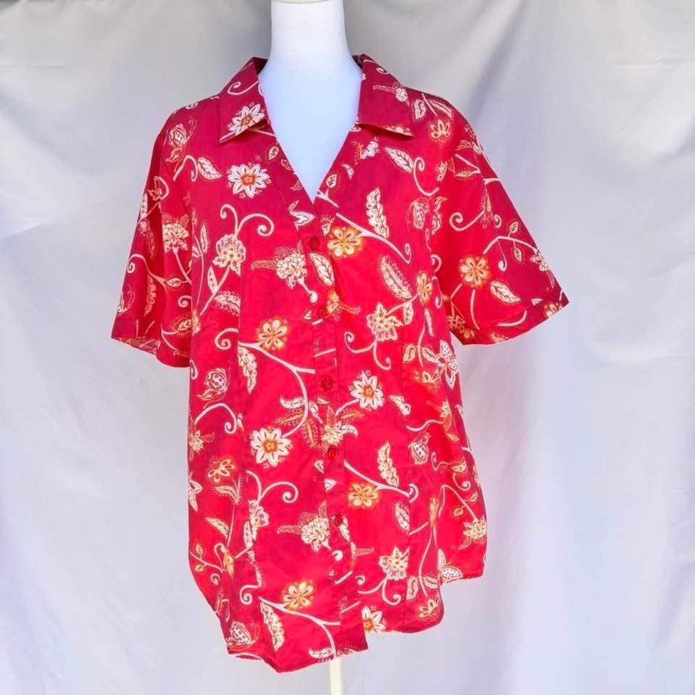 White‎ Stag Button Up Shirt Coral Floral Womens 16W Cotton Blend Short Sleeve
